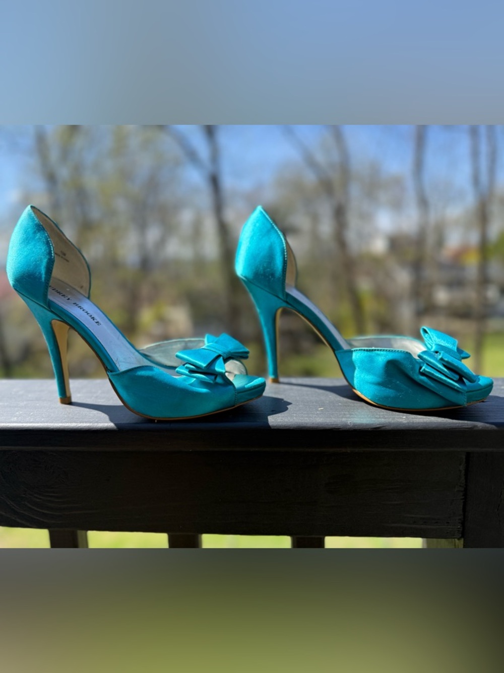 Audrey Brooke Teal Satin Peep-Toe Heels with Bow Accent